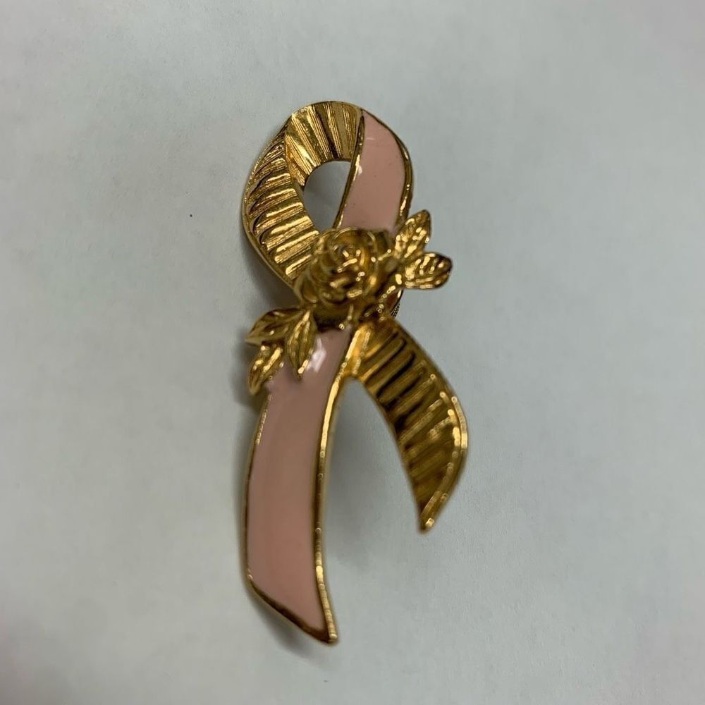 Vintage Avon Gold Tone & Pink Breast Cancer Awareness Pin Broach